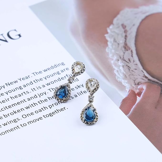Vintage Sapphire Drop Earrings Oval Sapphire Crystal Earrings Silver Teardrop Rhinestone Stud Earrings Blue Crystal Wedding Earrings Jewelry for Women and Girls Gifts-Velvo Beauty