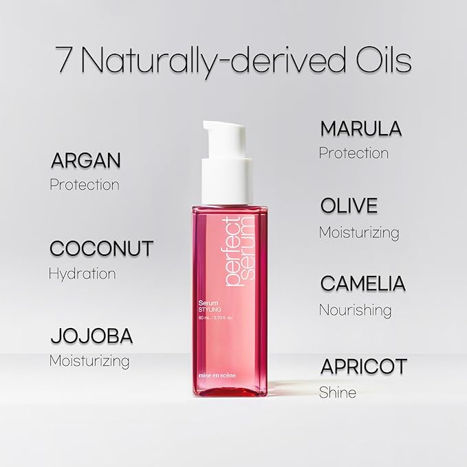 Mise En Scene Perfect Styling Serum for Heat Damage Protection - Hair Serum for holding Bounce, Hair Essence for Long Lasting Curl, Powdery Scent, with Argan Oils, 2.70 fl. Oz-Velvo Beauty