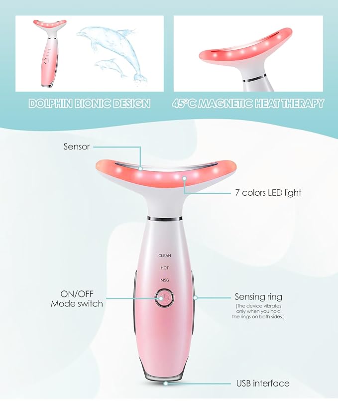 7 Color Neck Face Massager - Facial Massager Tool for Skin Care at Home, Vibrating Face Massager with Thermals, Pink-Velvo Beauty