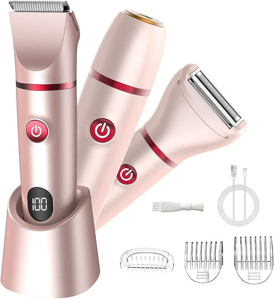 Bikini Trimmer for Women- 3 in 1 Painless Electric Razors for Women,Waterproof Pubic Hair Trimmer and Facial Hair Remover,LCD Display Body Shaver for Trip,Rechargeable Women's Grooming Kit-Velvo Beauty
