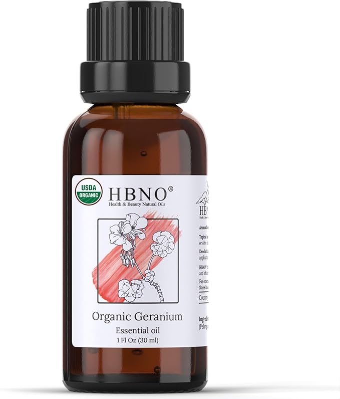 HBNO Organic Geranium Essential Oil - 1 oz (30ml) - USDA Certified Organic Geranium Essential Oil for Aromatherapy, Soap Making, DIY, Fragrances, Diffuser.-Velvo Beauty