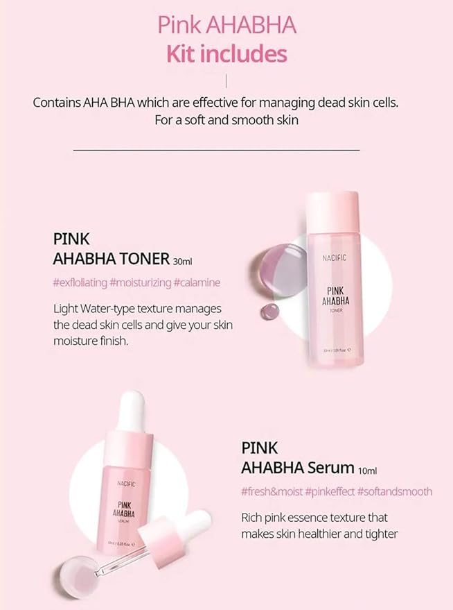 Nacific Pink AHA BHA Kit (Cleansing Foam, Toner, Serum, Cream) Travel Size Skin Care Set-Velvo Beauty