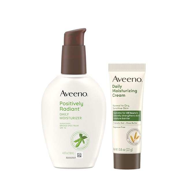 Aveeno Skincare Bundle, Positively Radiant Daily SPF 15 Facial Sunscreen Moisturizer + Soy, 4 fl. oz, & Travel Size Daily Moisturizing Cream for Body, Face, & Hands, 0.8 oz, Two Pack, 2 Items-Velvo Beauty
