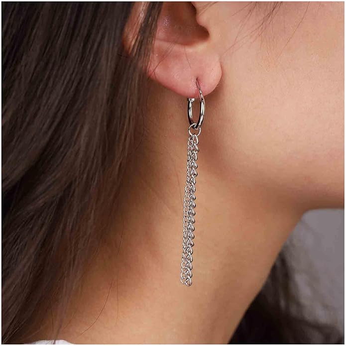 Vintage Layered Chain Dangle Earrings Long Chain Hoop Huggie Earrings Silver Curb Chain Stud Earrings Tassel Chain Drop Earrings Jewelry for Women-Velvo Beauty