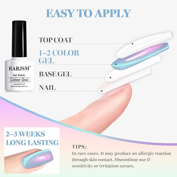 RARJSM Aurora Pearl Cat Eye Gel Nail Polish Set 6pcs Ceramic Silver Shimmer Universal Pink Green Blue Purple Orange Glitter Mermaid Swirl Shell Thread Effect with Magnet Stick Curing Requires-Velvo Beauty