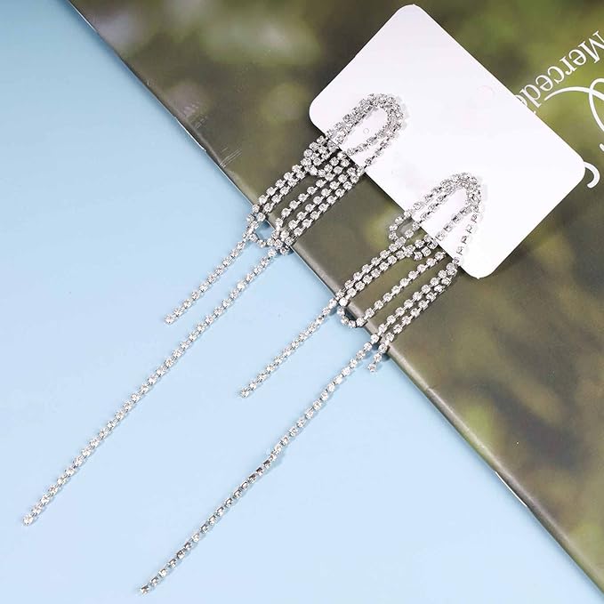 Rhinestone Tassel Ear Jacket Earrings Long Rhinestone Chain Earrings Silver Crystal Tassel Earrings Vintage Chandelier Chain Earrings Luxury Statement Earrings Jewelry for Women and Girls Gifts-Velvo Beauty