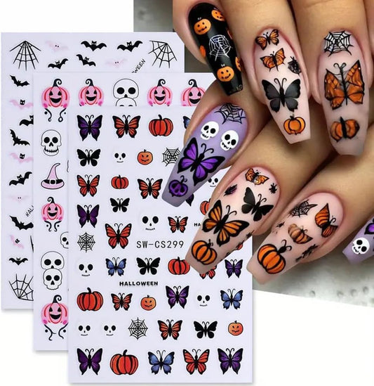Halloween Nail Art Stickers Ghost Nail Decals 3D Horror Ghost Skull Spider Web Bat Pumpkin Butterfly Self-Adhesive Decals Designs Halloween Nail Supplies for Women Manicure Decorations 3 Sheets-Velvo Beauty