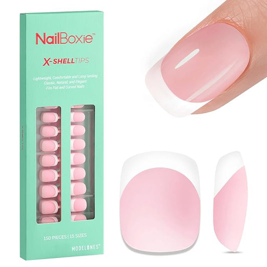 modelones French Tip Press on Nails, 150Pcs Extra Short Square Fake Nails with Nail Box, Pink Gel Nail Tips for Women, Soft Glue-On Nails for Natural Salon Look, DIY Nail Art Kit (15 Sizes)-Velvo Beauty