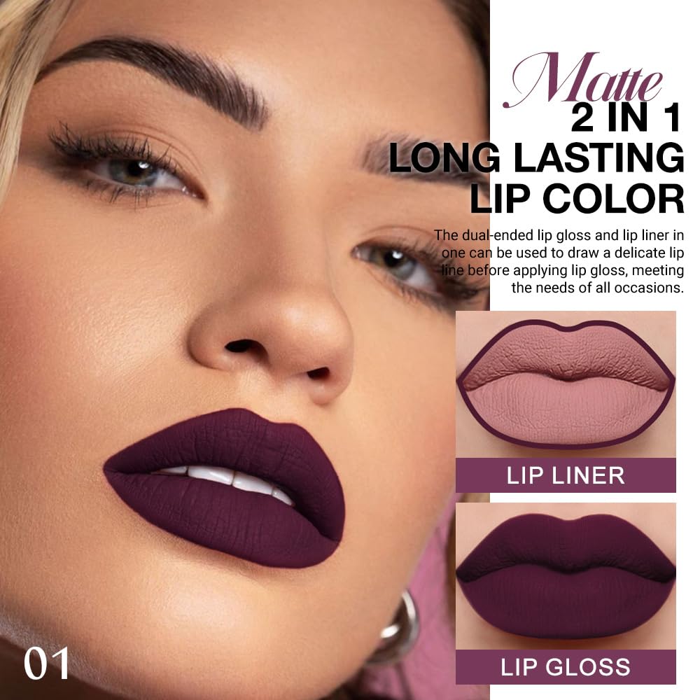 evpct 1Pcs Dark Purple Plum Matte Lip Liner and Liquid Lipstick Stain Makeup Set for women, Purple Long Lasting Smudge Proof Lipstick labiales matte mate larga duracion listip 24 hours originales,01#-Velvo Beauty