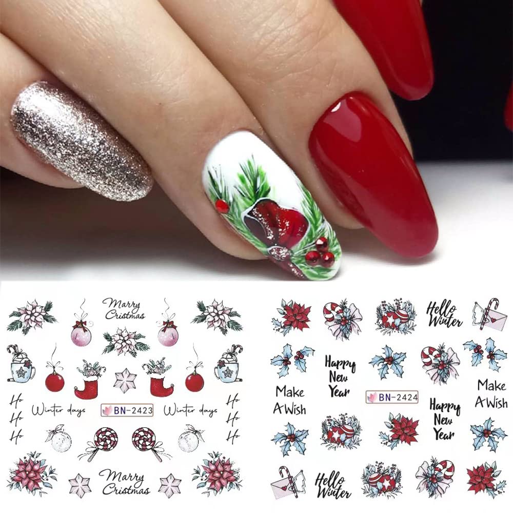 12 Sheets Christmas Nail Art Stickers Snowflake Water Transfer Nail Decals Holographic Gingerbread Man Snow Trees Winter Design Watermark Nail Foils Stickers for Women Xmas Nail Decorations-Velvo Beauty