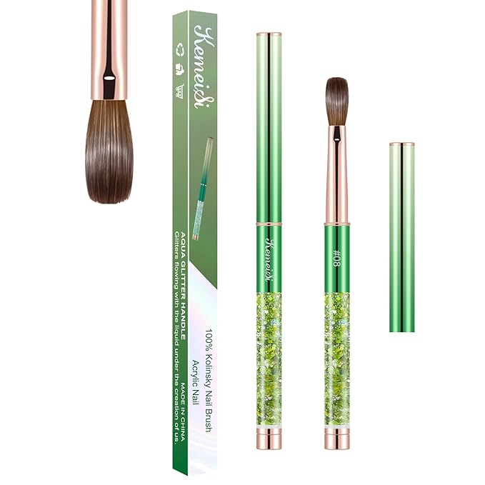 Acrylic Nail Brush Size #08, KEMEISI 100% Pure Kolinsky Nail Art Brushes Sturdy Handle Oval Shaped Acrylic Powder Nail Design Tools for Professional Manicure DIY Home Salon (Green)-Velvo Beauty