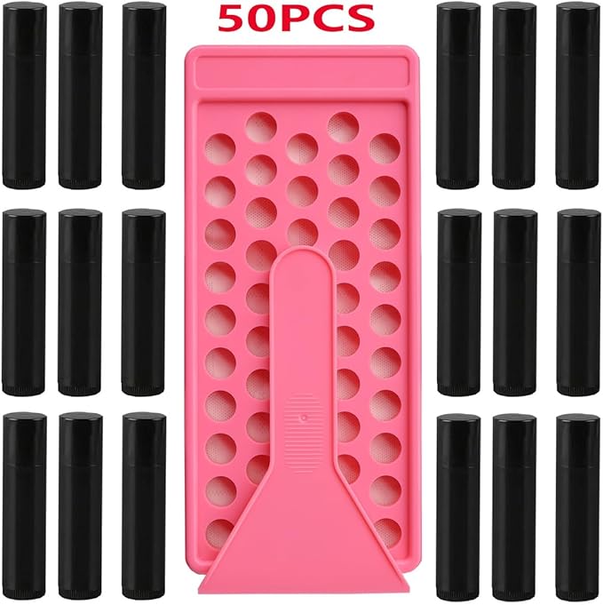 50 Lip Balm Container Kit with Filling Tray and Spatula, Round Tube Refillable Empty Tube 3 Colors, 0.15 oz, BPA Free, for DIY Homemade Lipstick Lipstick (50 black kits,)-Velvo Beauty