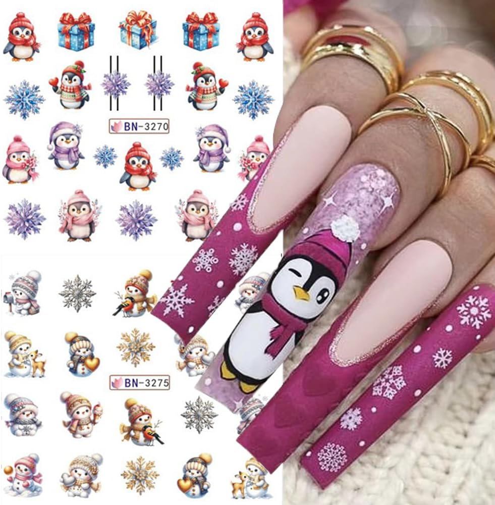 Christmas Nail Art Stickers Snowman Snowflake Water Transfer Nail Decals Xmas Winter Nail Art Decorations Cute Penguin Santa Claus Elk Gingerbread Man Gift Design Nail Foil Sticker for Women DIY Nails-Velvo Beauty