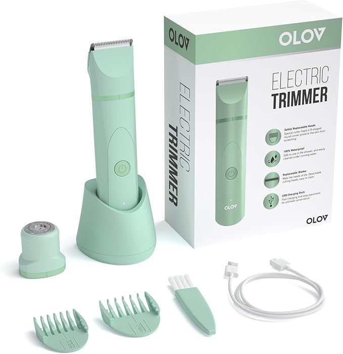 OLOV Electric Body Hair Trimmer - Groin Trimmer for Men - Bikini Trimmer Women - Wet/Dry Shaver Groomer, Replaceable Ceramic Blade Heads, USB Recharge Dock, Waterproof Hygiene Razor, Green-Velvo Beauty