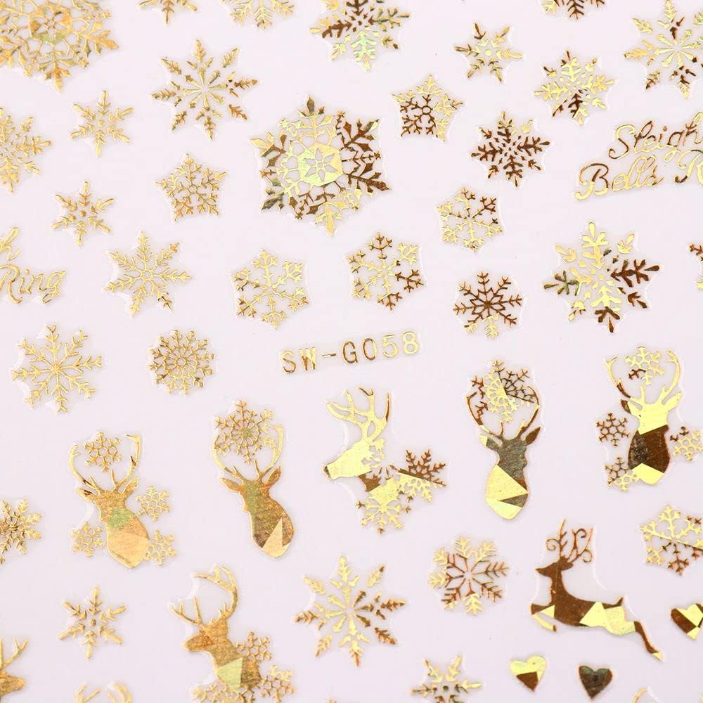 9 Sheets Christmas Nail Art Stickers Decals Self-Adhesive Pegatinas Uñas Holiday Glod Laser Snowflakes Snowman Nail Supplies Nail Art Design Decoration Accessories-Velvo Beauty