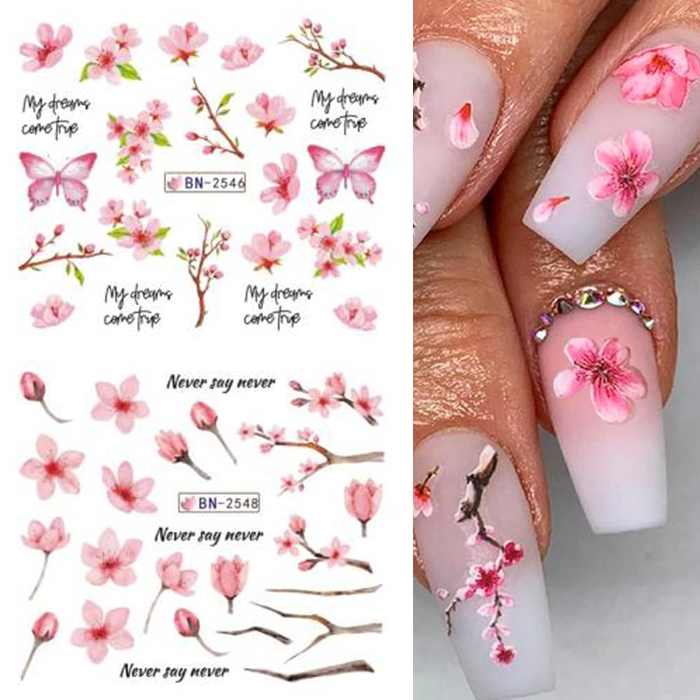 Cherry Blossom Nail Art Stickers - Pink Sakura Water Transfer Foils Decals, Spring Flower Supplies Wrap, Holographic Floral Pattern Acrylic Stickers for Women - 12 Sheets-Velvo Beauty