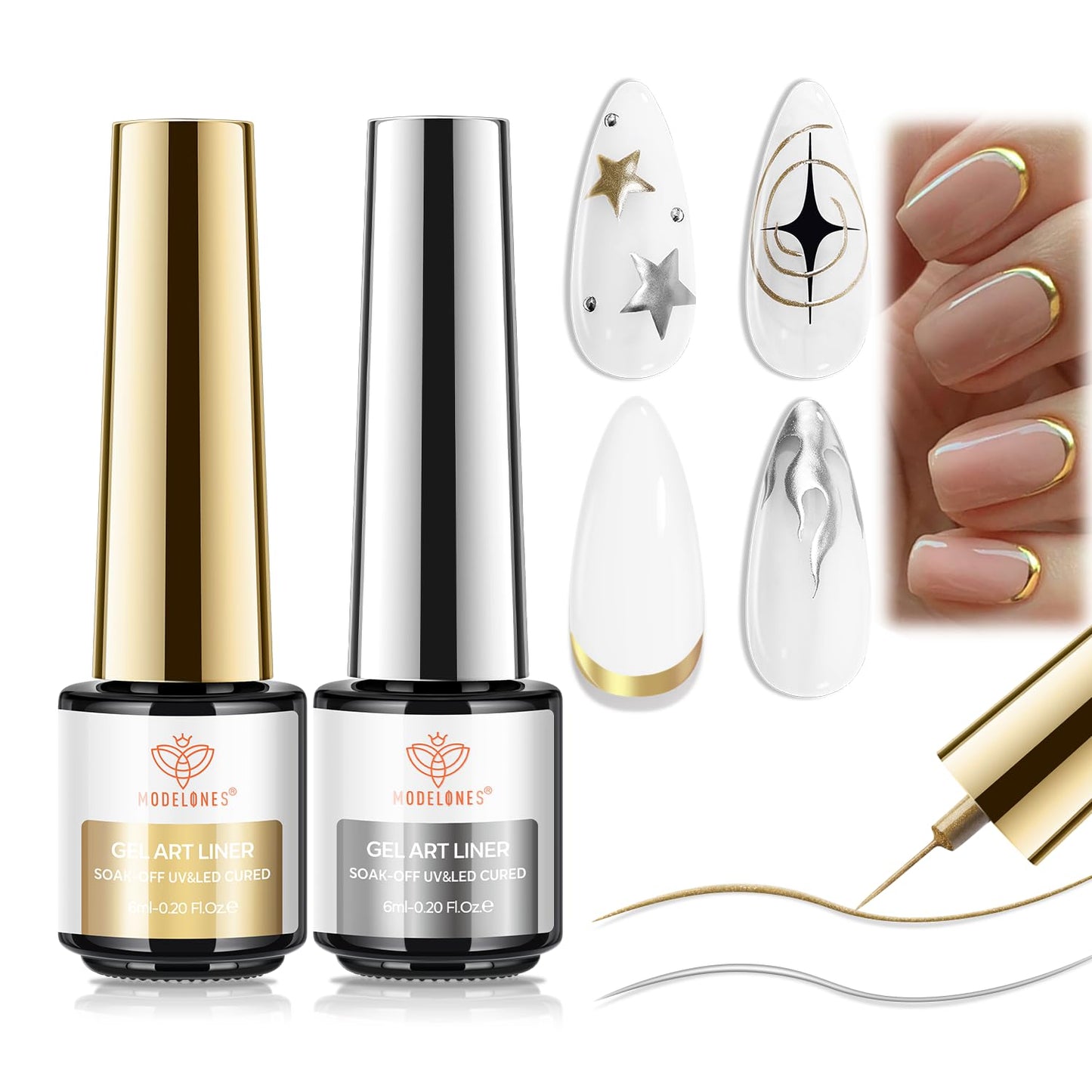 modelones Metallic Gold Silver Gel Liner Nail Polish 2 Pcs Chrome Mirror 3D Effect Nail Art Polish Bronze Thin Brush For Swirl Soak Off French Tip DIY Salon Nail Glue Manicure Gift For Women Girls-Velvo Beauty