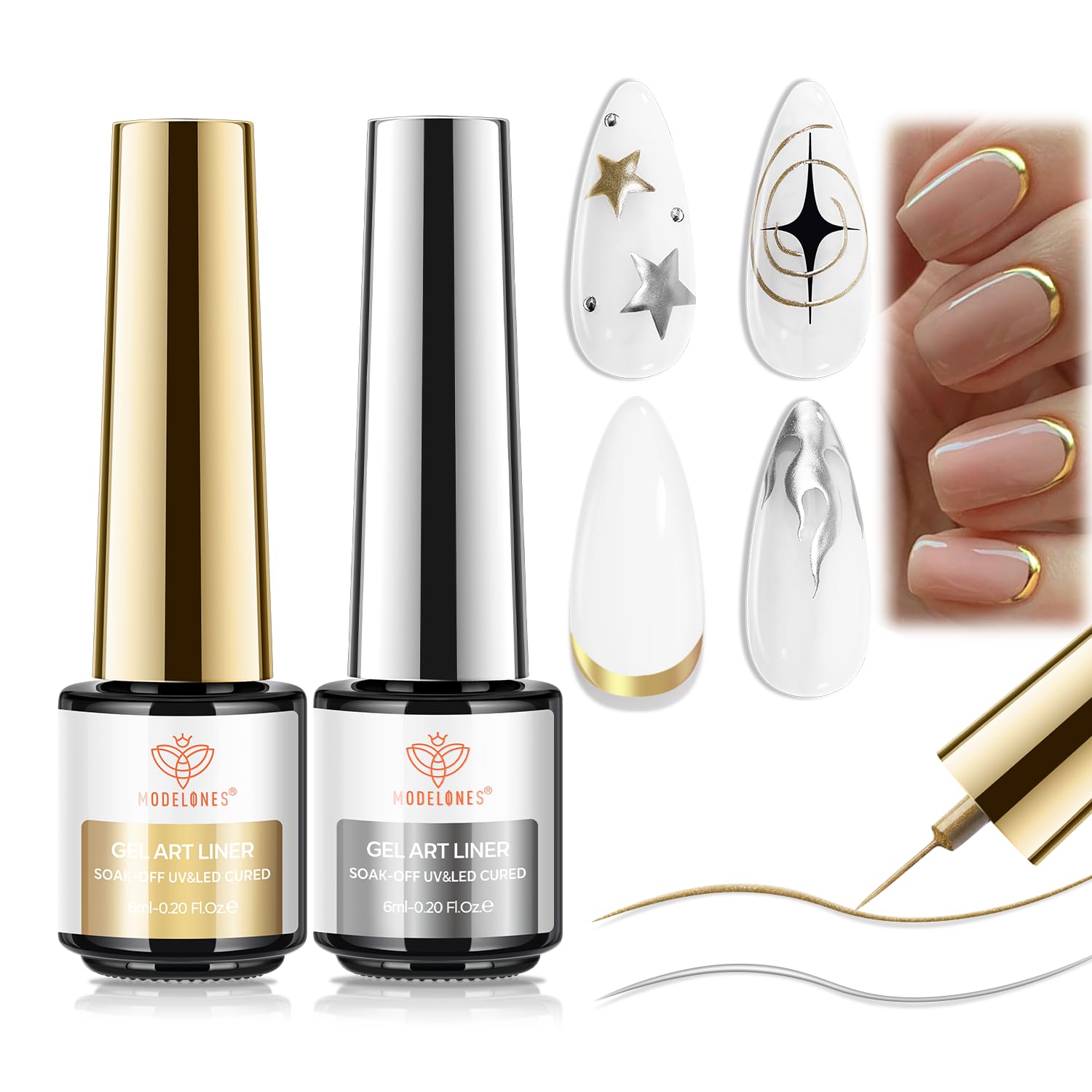modelones Metallic Gold Silver Gel Liner Nail Polish 2 Pcs Chrome Mirror 3D Effect Nail Art Polish Bronze Thin Brush For Swirl Soak Off French Tip DIY Salon Nail Glue Manicure Gift For Women Girls-Velvo Beauty