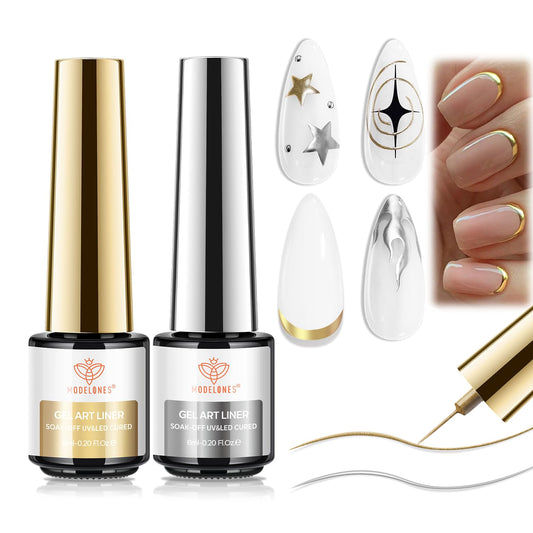 modelones Metallic Gold Silver Gel Liner Nail Polish 2 Pcs Chrome Mirror 3D Effect Nail Art Polish Bronze Thin Brush For Swirl Soak Off French Tip DIY Salon Nail Glue Manicure Gift For Women Girls-Velvo Beauty