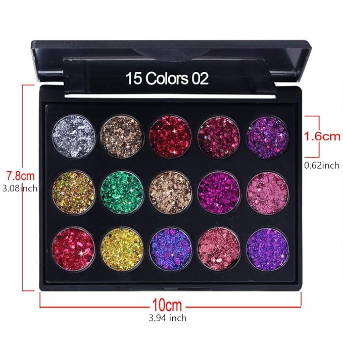 evpct 15 Color Shimmer Glitter Sparkle Glittery Eyeshadow Makeup Palette Pallet Glitter for Girl Pink Silver Red Rose Green Sparkling Sparkly Glitter Gel Pigment Eyeshadow Face Paint Makeup Palette-Velvo Beauty
