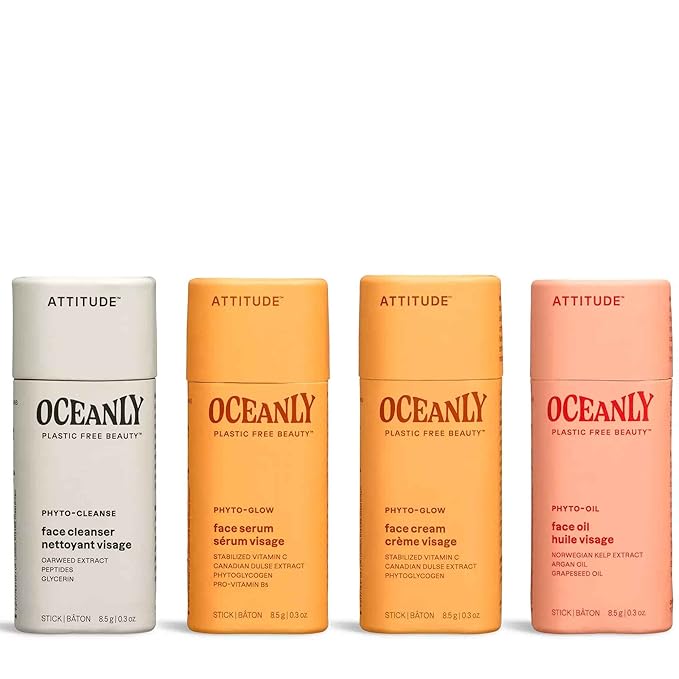 ATTITUDE Oceanly Radiant Skin Daily Facial Care Routine Box Set, EWG Verified, Plastic-free, Plant and Mineral-Based Ingredients, Vegan and Cruelty-free, PHYTO GLOW, Set of 4 Travel Size Bars-Velvo Beauty
