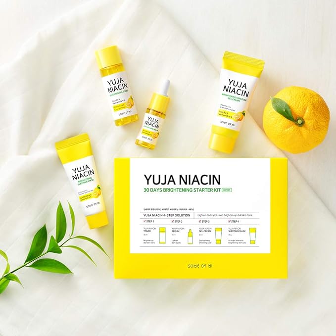 SOME BY MI Yuja Niacin 30 Days Brightening Starter Kit/Toner 1.01Oz, Serum 0.33Oz, Gel Cream 1.01Oz, Sleeping Mask 0.67Oz / Melasma and Blemish Care/Facial Skin Care Set-Velvo Beauty