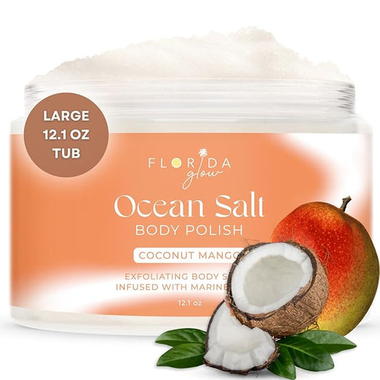 Sea Salt Body Scrub by Florida Suncare - Ocean Salt Body Polish Infused with Marine Algae - Exfoliating Face and Body Scrub - Facial Scrub Exfoliator to Tackle Acne (Coconut Mango, 12.1 oz)-Velvo Beauty
