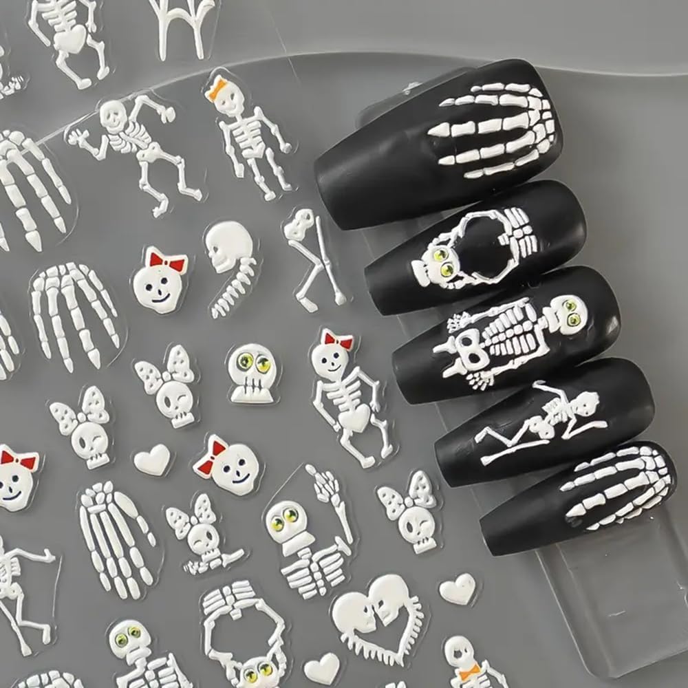 2 Sheets Halloween 5D Embossed Nail Art Stickers - Skeleton, White Skull Nail Stickers with Spider Web Heart Design - Self-Adhesive Horror Decals for Women - Art Supplies and Decorations-Velvo Beauty