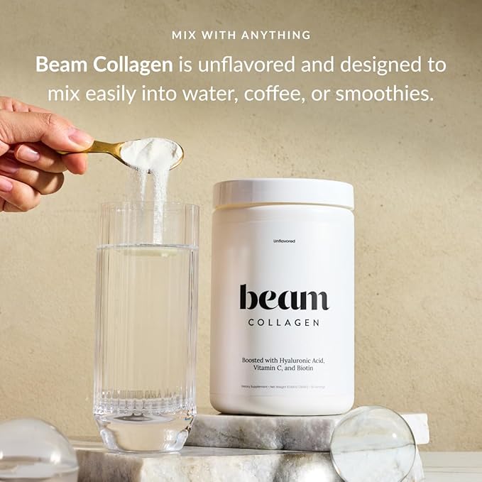 Beam Collagen Powder, Collagen for Women, Collagen with Hyaluronic Acid, Collagen Peptides Type 1 and 3, with Biotin, Grass Fed Bovine, Third-Party Tested, Best for Coffee, Vitamin C, 60 Servings-Velvo Beauty