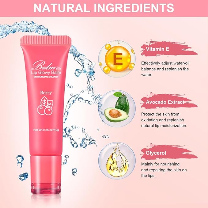 GECOMO Lip Glowy Balm, Moisturizing Lip Gloss, Nourishing Glossy Transparent Plumping Oil, Non-sticky Tinted Toot Lip Balm for Lip Care (BERRY) 0.35oz-Velvo Beauty