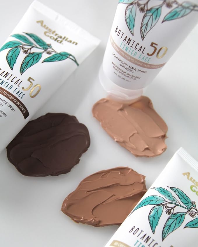 Australian Gold Botanical SPF 50 Tinted Mineral Sunscreen for Face, Non-Chemical BB Cream, Water-Resistant, Matte Finish, For Sensitive Facial Skin, Medium to Tan Skin Tones, 3 FL Oz-Velvo Beauty