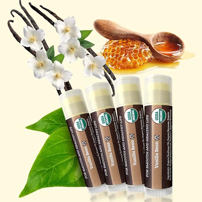USDA Organic Lip Balm 4-Pack by Earth's Daughter - Vanilla Flavor, Beeswax, Coconut Oil, Vitamin E - Best Lip Repair Chapstick for Dry Cracked Lips.-Velvo Beauty