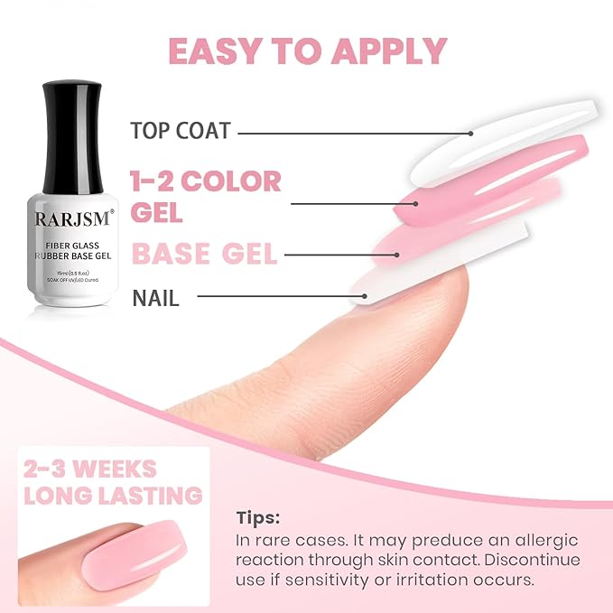 RARJSM Nude Sheer Pink Fiber Glass Rubber Base Gel Nail Polish for Repair Broken Nails StrengthenerGel Base Coat Transparent Brush on Building Gel in a Bottle Soak Off UV LED Curing Requires 15ml-Velvo Beauty