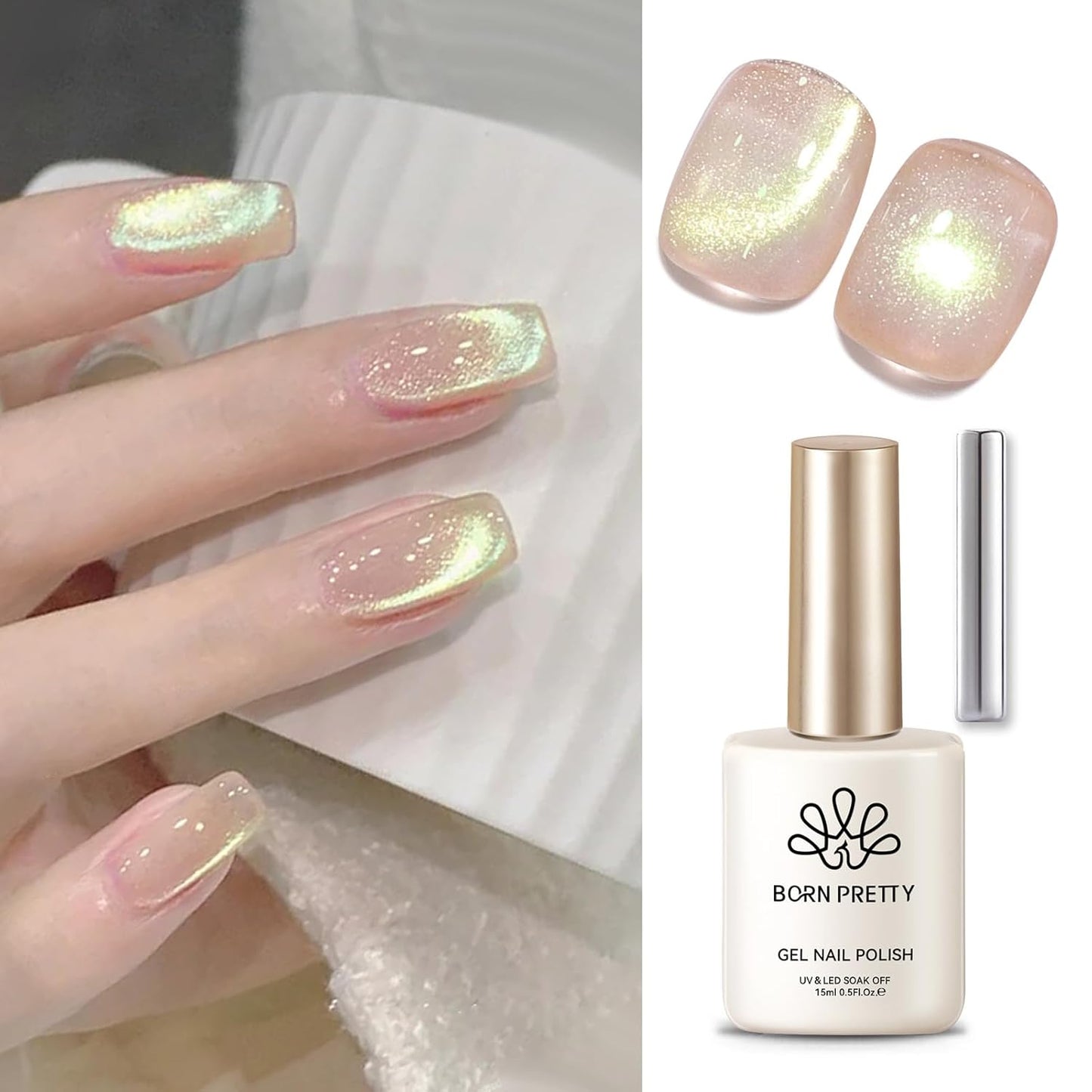 BORN PRETTY Nude Pink Cat Magnetic Eye Gel Nail Polish Holographic Gold Green Light Cat Magnetic Eye Gel Nail Polish 15ML-Velvo Beauty