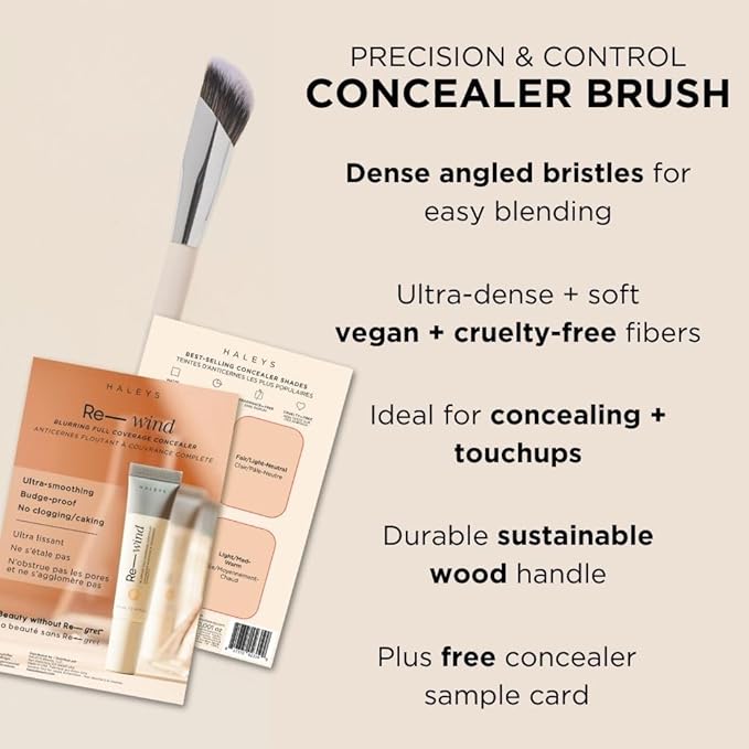 HALEYS Concealer Brush VEGAN+CRUELTY-FREE, Sustainable Wood, Vegan Bristles for Airbrushed Finish, For Creams,Liquids, Powder, Streak-free, Perfect Blending, Buffs, Smooths with Control, Special shape-Velvo Beauty
