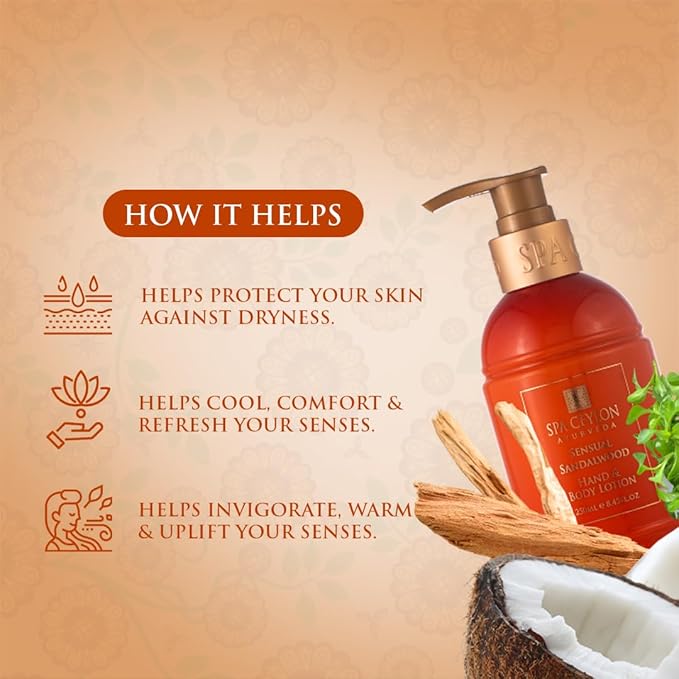 SPA CEYLON Sensual Sandalwood Hand and Body Lotion | Deep Hydrating Body Moisturizer with Coconut | Almond & Rice Bran | Cooling & Invigorating | Suitable for All Skin Types-Velvo Beauty