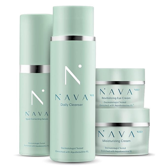 NAVA MD Clinical Skincare System | Cleanser, Serum, Moisturizer, Eye Cream | Developed By Doctors and Scientists | Promote Healthy, Youthful Skin | Contains Aquabeautine XL-Velvo Beauty