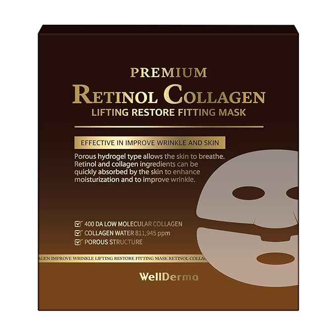 WELLDERMA Premium Retinol Collagen Restore Fitting Mask 4EA - Korean Collagen Face Mask for all around care, Wrinkles, Elasticity, Brightening, Deep Hydration, Face mask Skin Care-Velvo Beauty