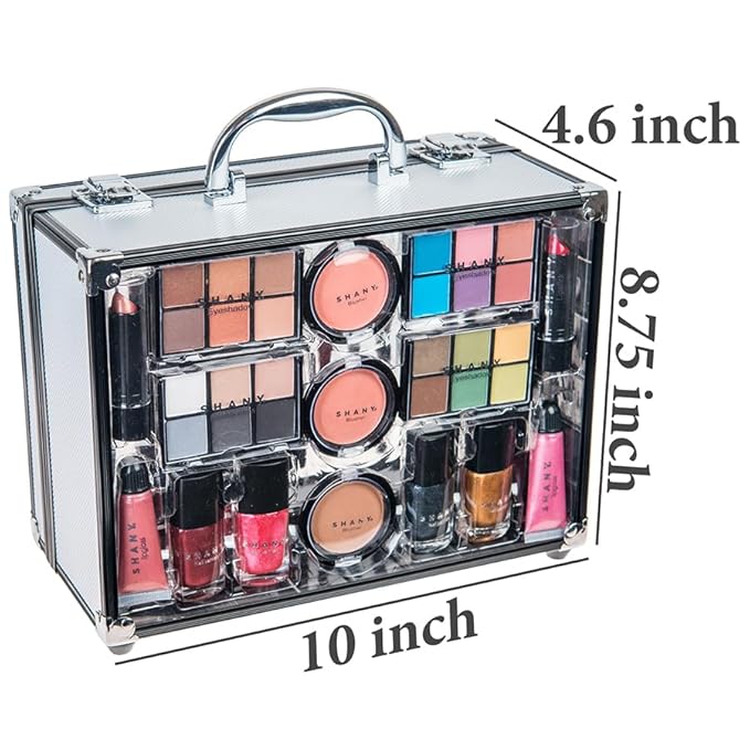 SHANY Carry All Trunk Makeup Train Case with Re-usable Aluminum Makeup Storage Case. Non Toxic Color Make up Set with Eye palettes, Blushes,Makeup Powders, Manicure, Pedicure and Makeup Brushes.-Velvo Beauty