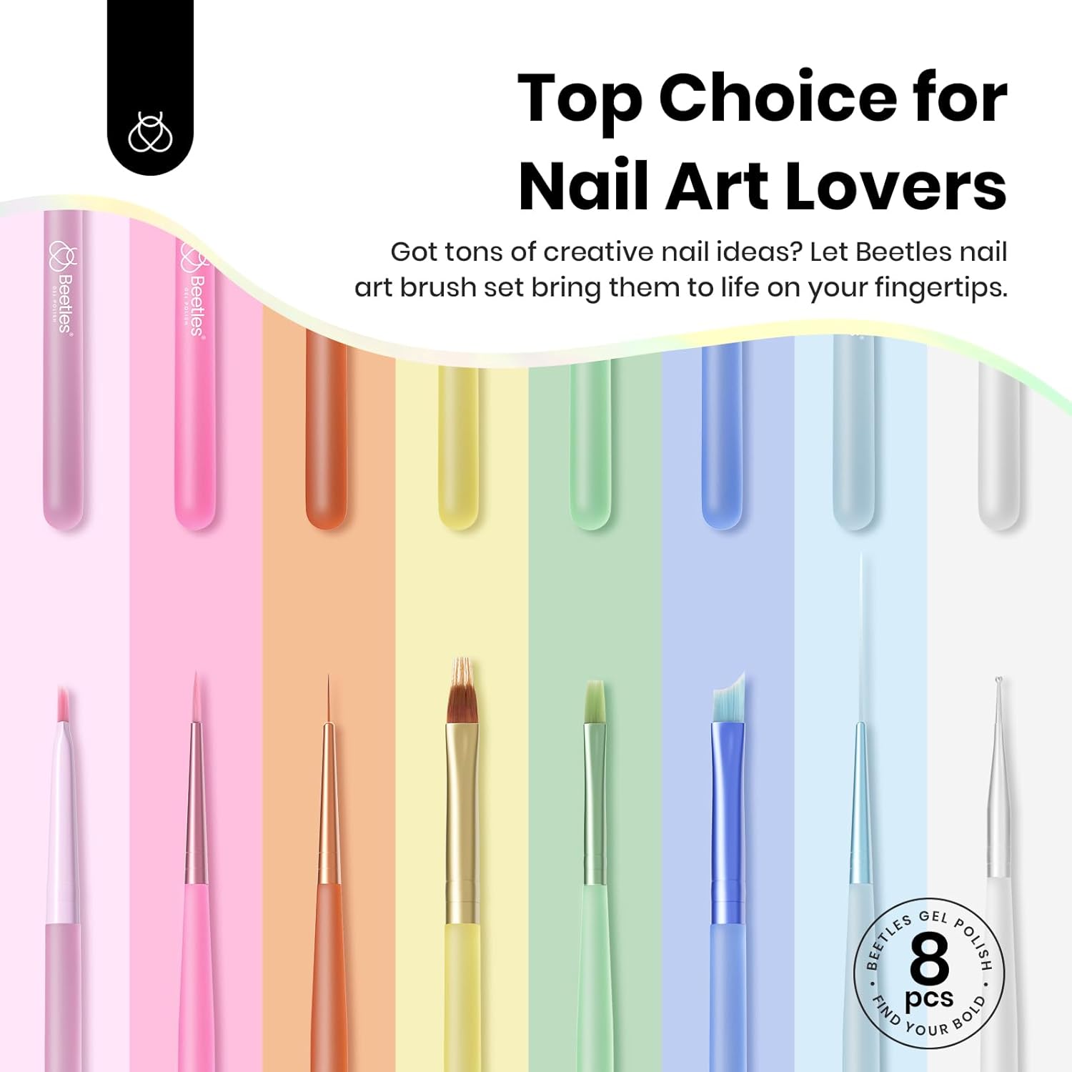 Beetles Nail Art Brushes Set for Gel Polish 8 Pcs - Nail Art Design Pen Fingernail Painting Dotting Tool, Liner Gradient Clean Up Brush DIY with Palette Rainbow Pastel Pen Set Manicure Kit-Velvo Beauty