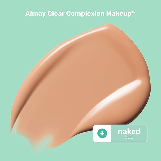 Almay Clear Complexion Acne Foundation Makeup with Salicylic Acid - Lightweight, Medium Coverage, Hypoallergenic, Fragrance-Free, for Sensitive Skin, 300 Naked, 1 fl oz.-Velvo Beauty