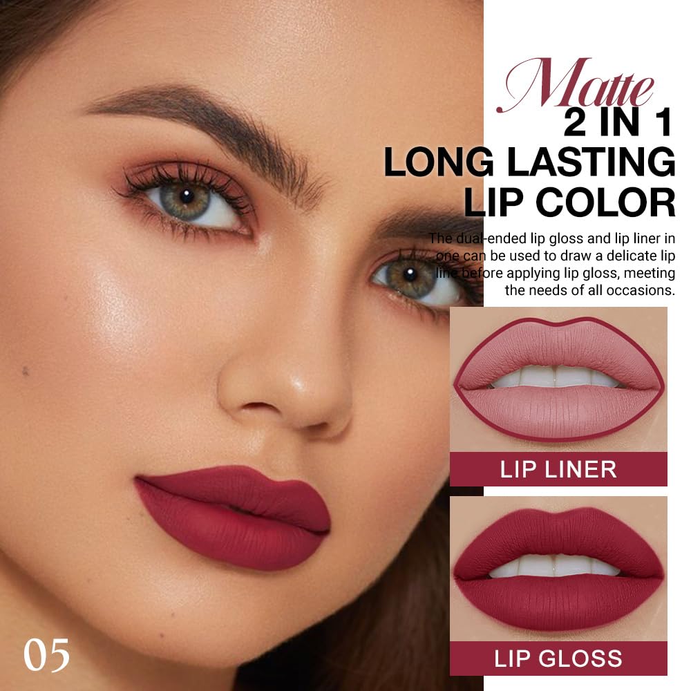 evpct 1Pcs Cherry Frost Red Matte Lip Liner and Liquid Lipstick Stain Makeup Set for women, Red Long Lasting Smudge Proof Lipstick labiales matte mate larga duracion listip 24 hours originales,05#-Velvo Beauty