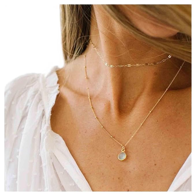 Boho Layered Opal Moonstone Necklace Choker Gold Round Opalite Necklace Clear Quartz Necklace Faceted Crystal Pendant Necklace Chain Jewelry for Women and Girls-Velvo Beauty