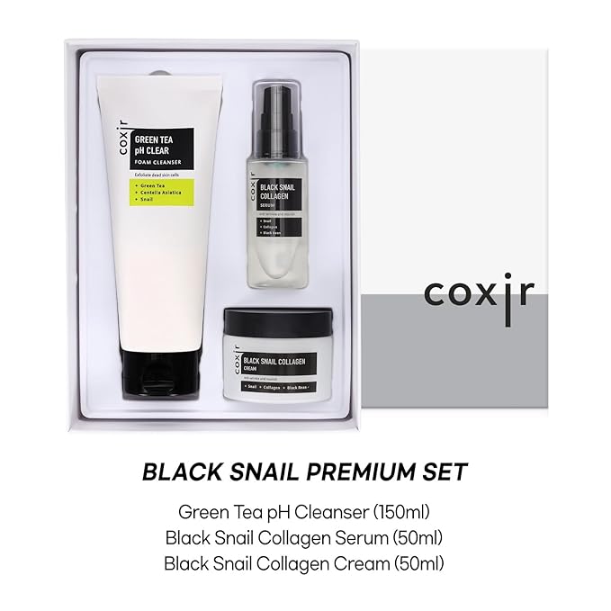 coxir BLACK SNAIL GIFT SET /Gift Set Birthday present /Foam Cleanser+Serum+Cream/Black Rice, Bean, Sesame, Snail Mucin, Collagen, Peptide l Repairing&Firming l Korean Skin Care-Velvo Beauty
