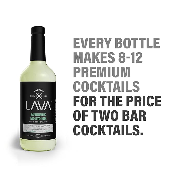 (3 Pack) LAVA Premium Authentic Mojito Mix, Made with Real Lime Juice, Mojito Mint, Spearmint, Demerara, Cane Sugar, Refreshing Rum Mojito Mixer. Ready to Use. 1-Liter (33.8oz) Glass Bottle-Velvo Beauty