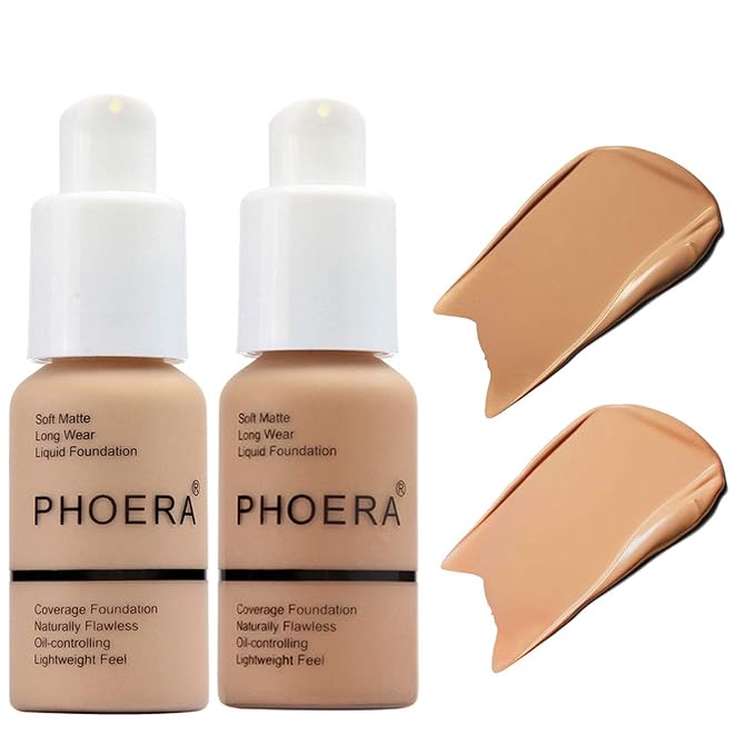 BestLand 2Pack PHOERA Foundation Full Coverage Liquid Foundation Cream - Long-lasting Lightweight Concealer - Oil-Free Formula - Natural Shade - Suitable for All Skin Types (104 Buff Beige & 105 Sand)-Velvo Beauty