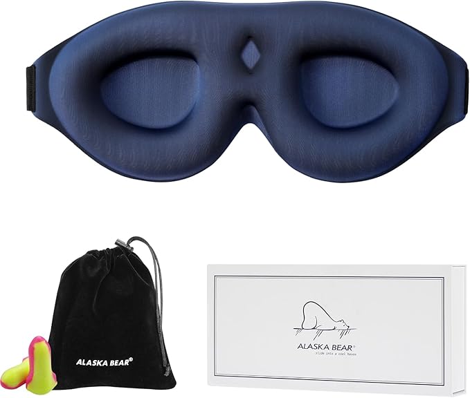 ALASKA BEAR 100% Blackout Sleep Mask Most Comfortable Contoured Eye Cups and Nose Covering for Women Men, 3D Pillowy Soft Light Blocking Eye Mask 0 Pressure on Eyelids & Eyelashes, Earplugs Set, Blue-Velvo Beauty