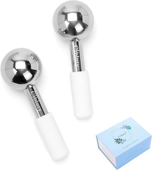 Facial Ice Roller by CIBLUTY- 2PC Stainless Steel Face Globes for Cold or Hot Skin Massagers Durable Unbreakable Globes with White Silicone Handle for Face and Body Fitness-Velvo Beauty