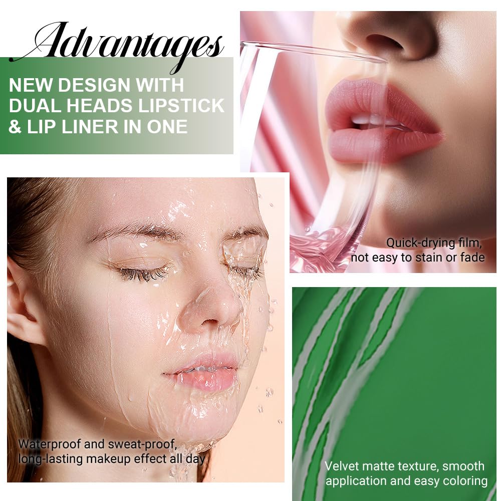 evpct 1Pcs Forest Green Matte Lip Liner & Liquid Lipstick Stain Makeup Set for Women, Green Lip Liner Stain Long Lasting Waterproof Smudge Proof, Cruelty Free Lip Stick Makeup 24 hours originales, 48-Velvo Beauty