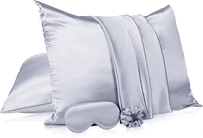 2 Pack Satin Pillowcase with Latent Zipper, Adjustable Satin Eye Mask for Sleeping and Satin Volume Scrunchie for Hair and Skin, Standard Size (Silver,Classic Style)-Velvo Beauty